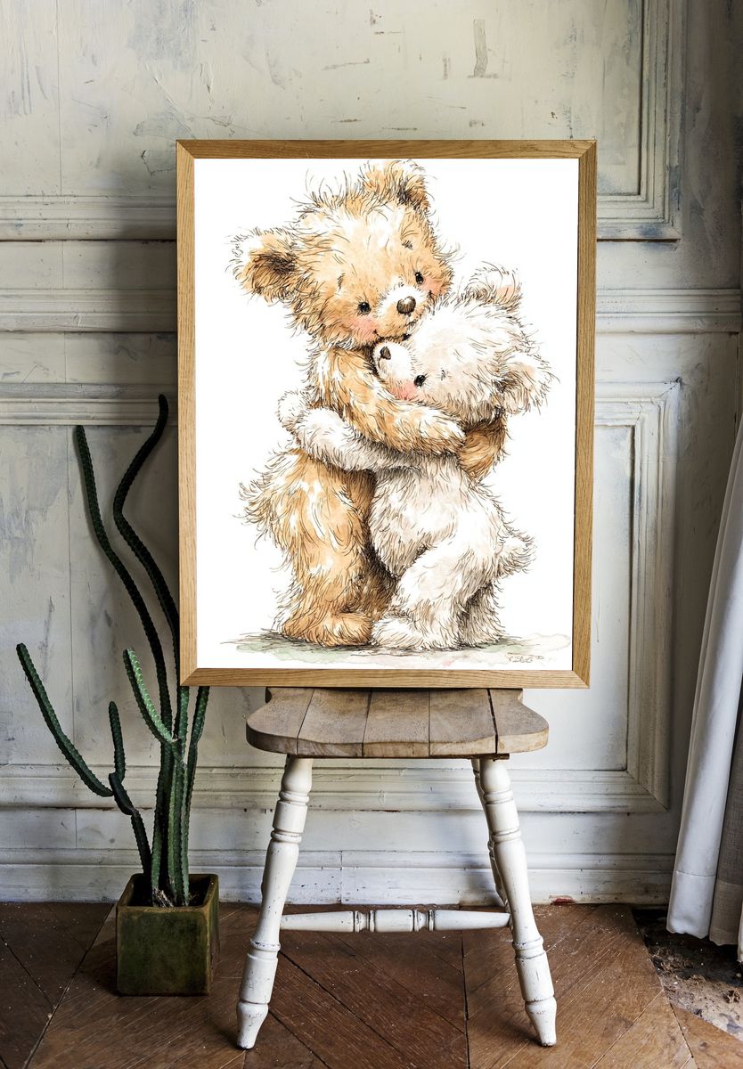 Cute Teddy Bears Hugging — Illustration Print room preview