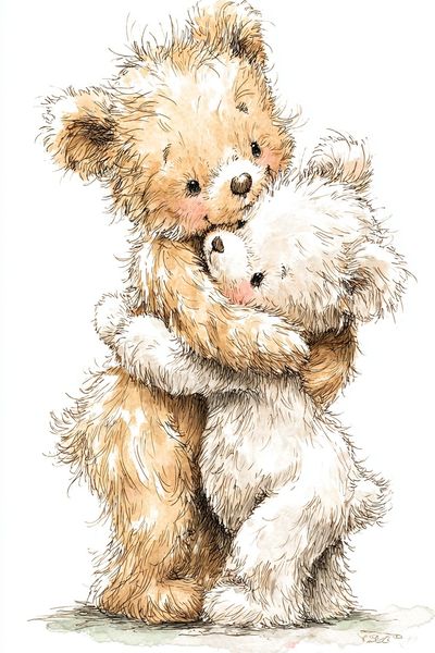 Cute Teddy Bears Hugging — Illustration Print. poster print