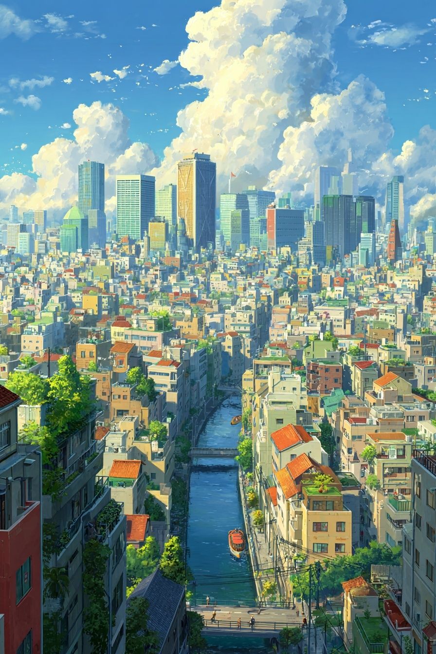 Tokyo Canal Cityscape Illustration Poster. poster detail