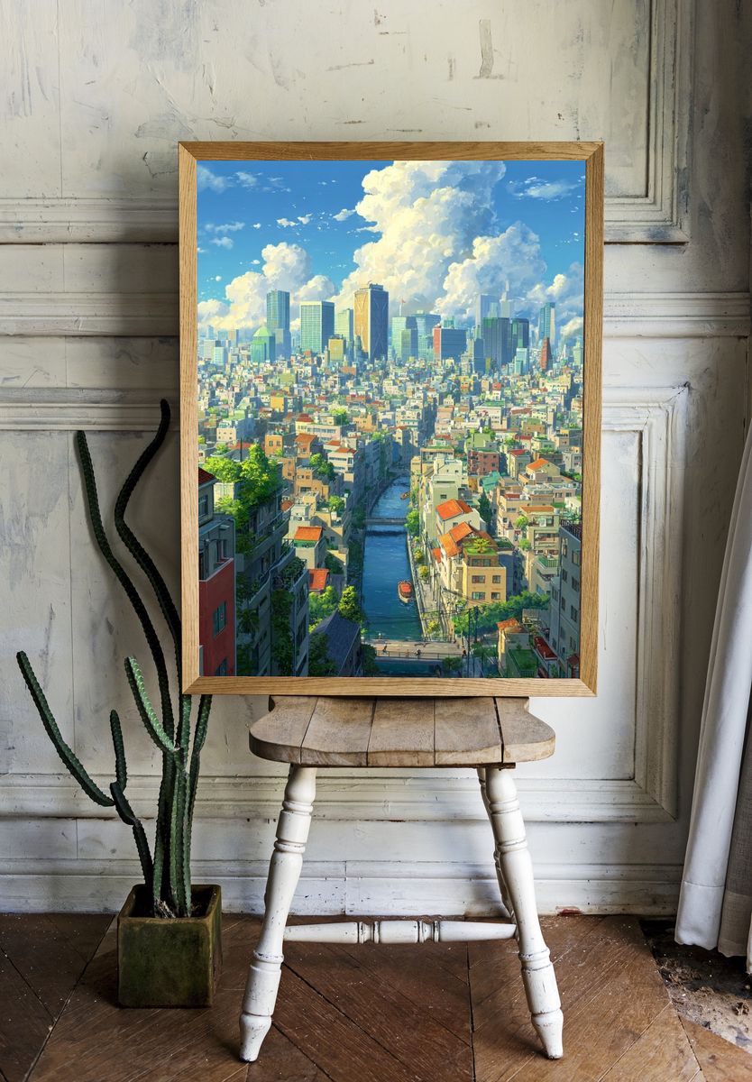Tokyo Canal Cityscape Illustration Poster. — room view 1
