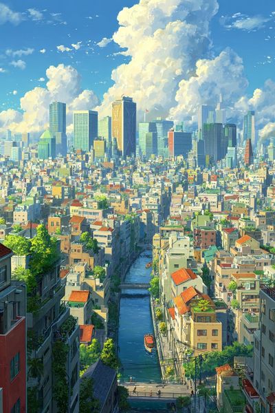 Tokyo Canal Cityscape Illustration Poster. poster print