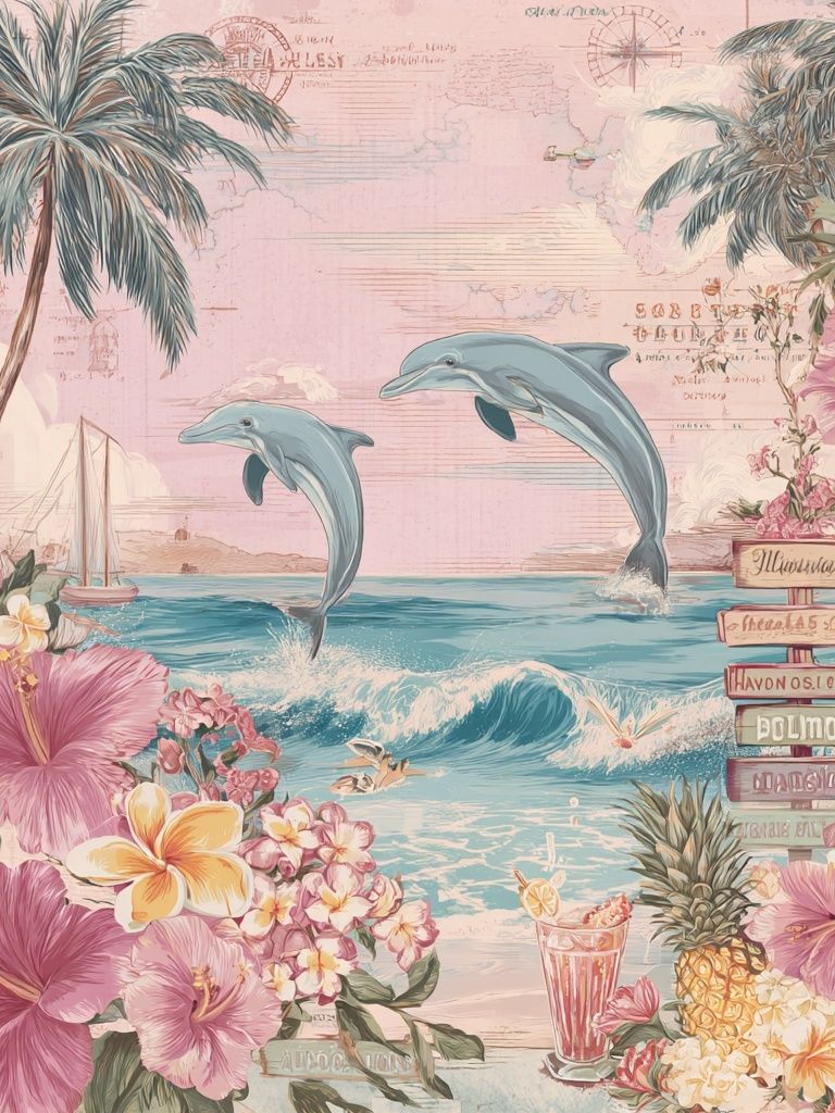 Tropical Dolphins and Flowers Poster. poster detail