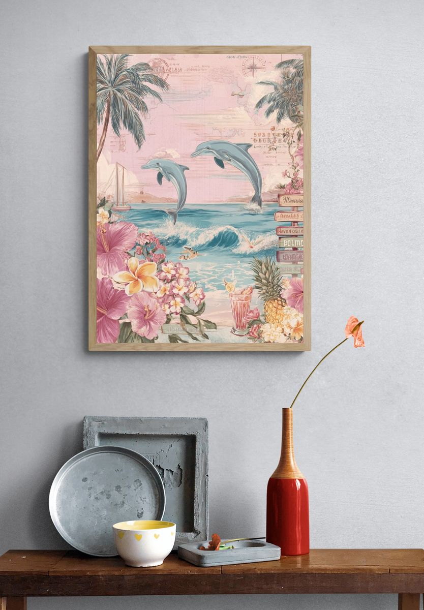 Tropical Dolphins and Flowers Poster. — room view 3