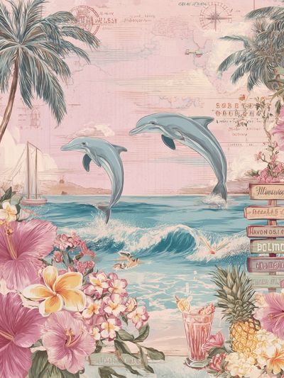 Tropical Dolphins and Flowers Poster. poster print