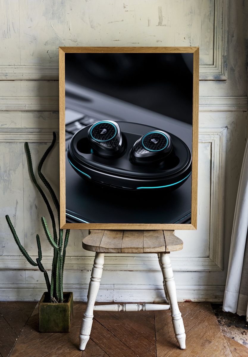 Futuristic Wireless Earbuds Photography Poster. — room view 1