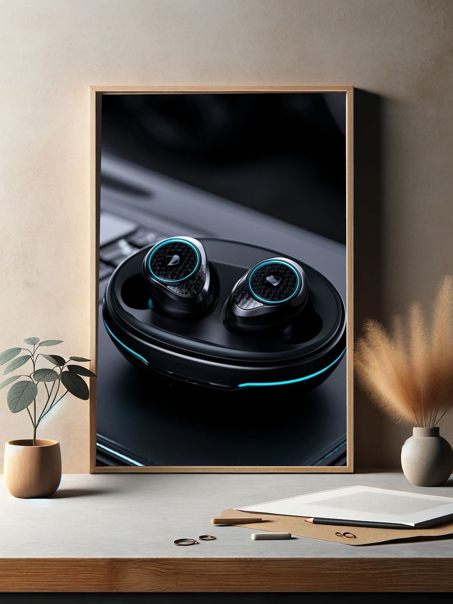 Futuristic Wireless Earbuds Photography Poster. — room view 2
