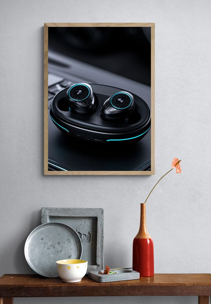 Futuristic Wireless Earbuds Photography Poster. — room view 3