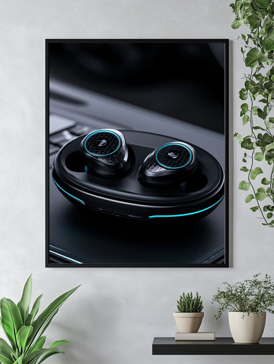 Futuristic Wireless Earbuds Photography Poster. — room view 4