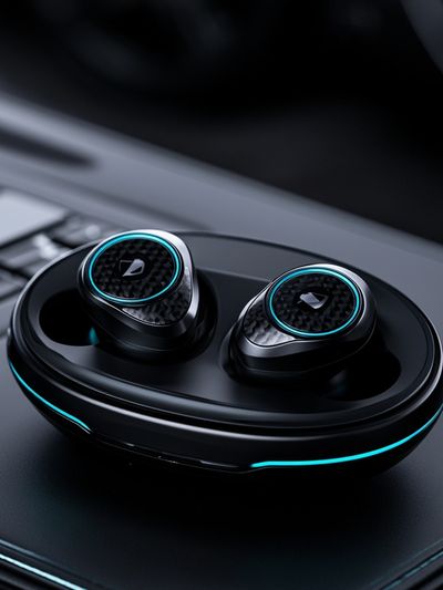 Futuristic Wireless Earbuds Photography Poster. poster