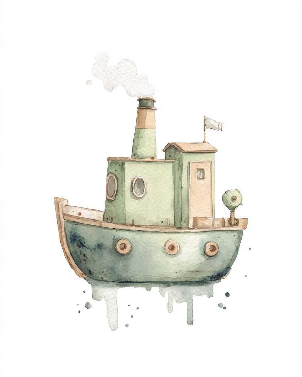 Whimsical Tugboat Watercolor Poster.
