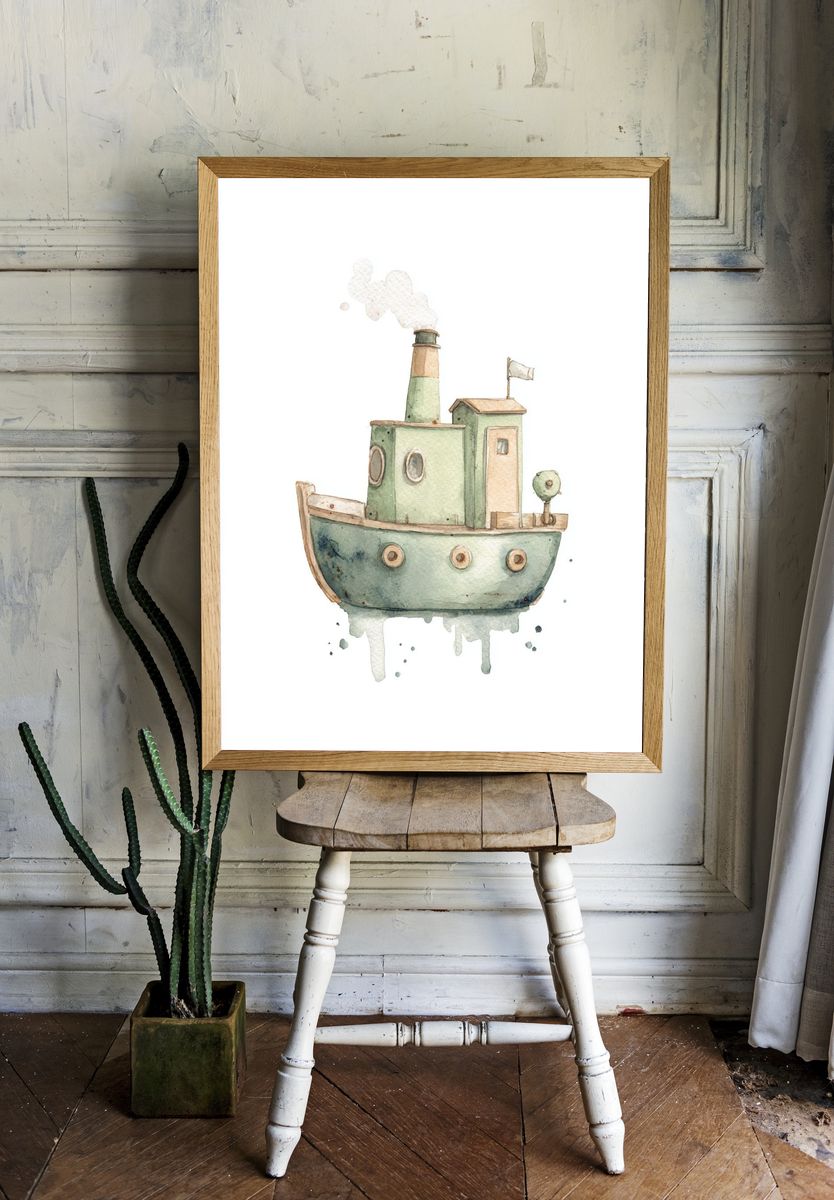 Whimsical Tugboat Watercolor Poster. — room view 1