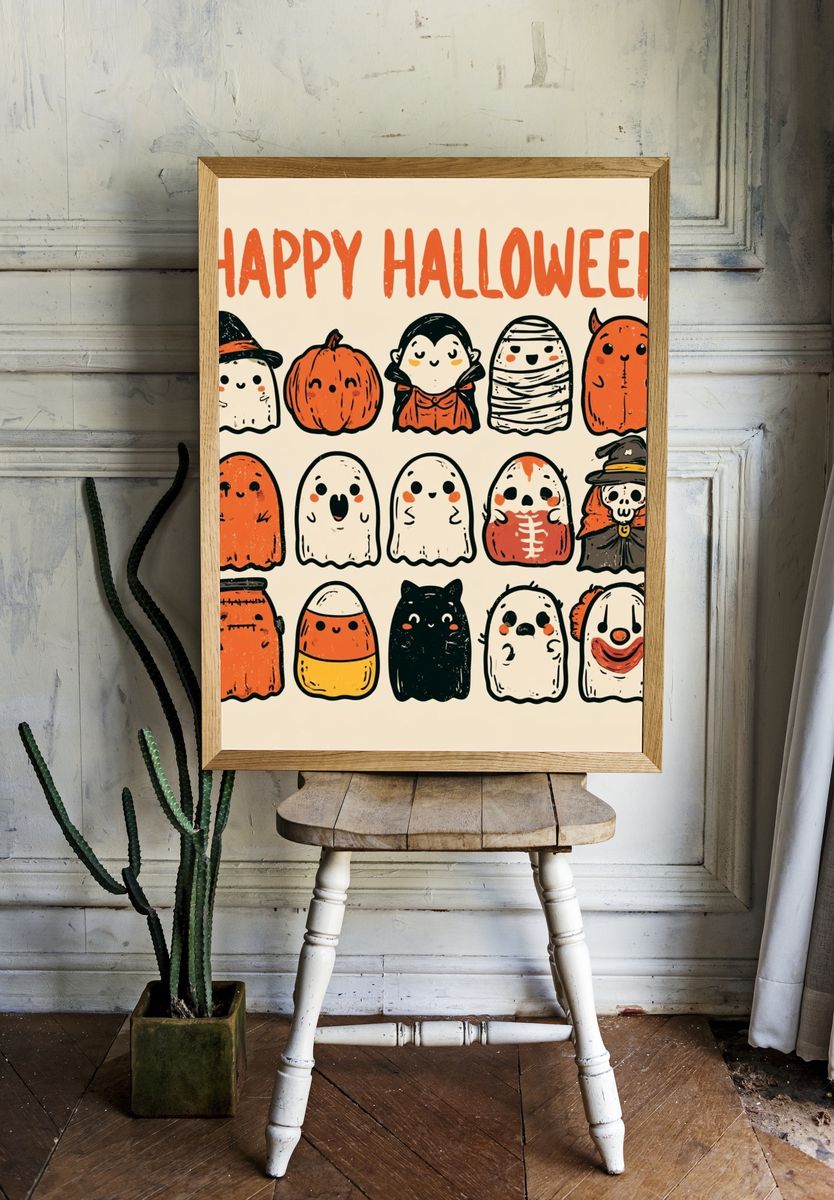 Happy Halloween Ghosts Typography Poster. — room view 1