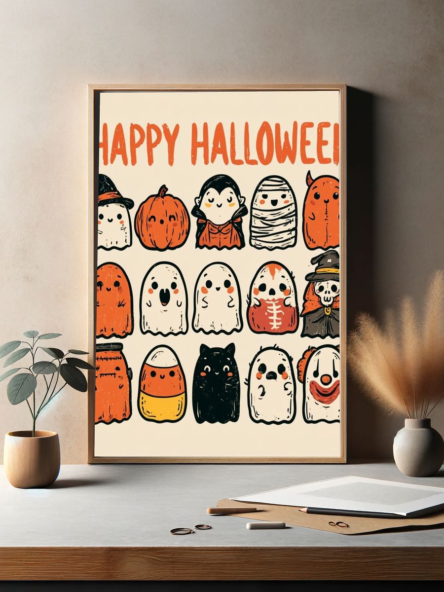 Happy Halloween Ghosts Typography Poster. — room view 2