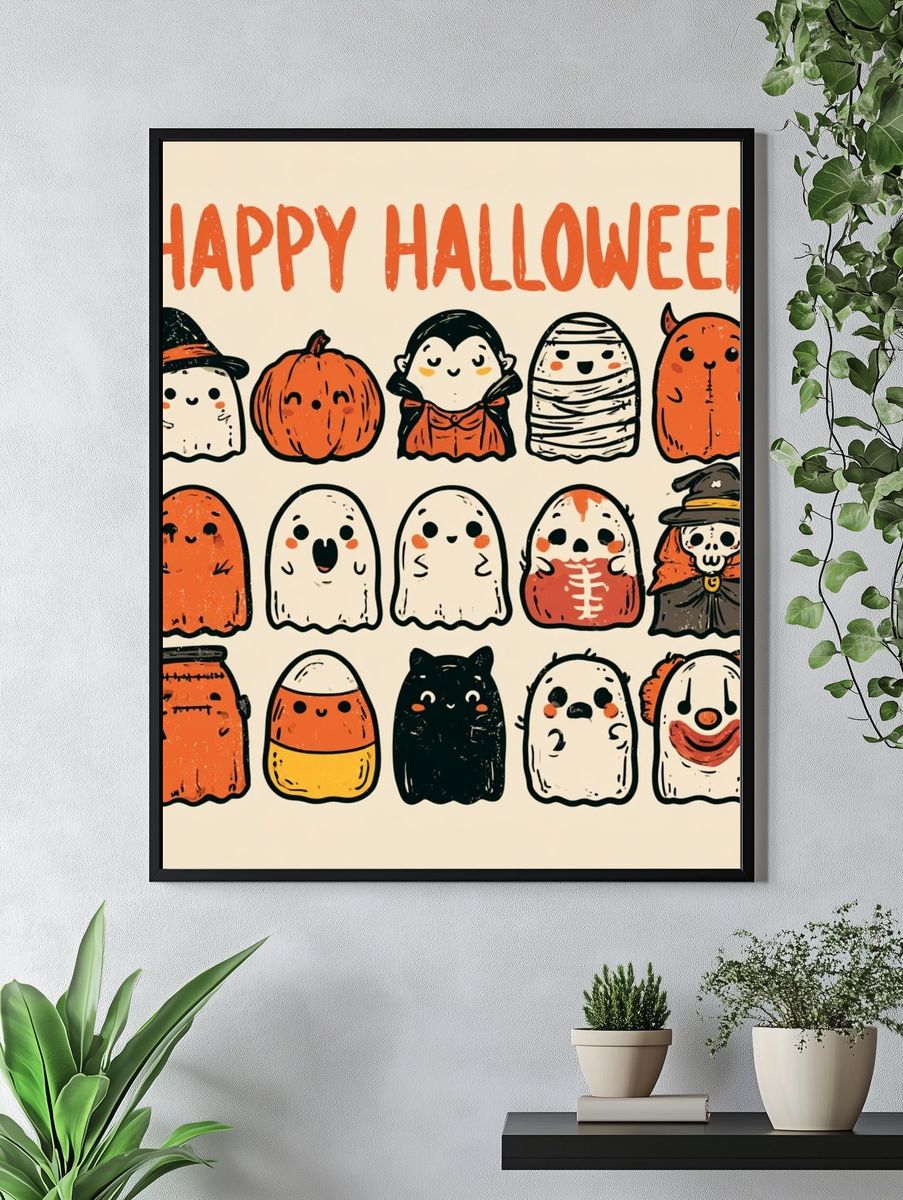 Happy Halloween Ghosts Typography Poster. — room view 4