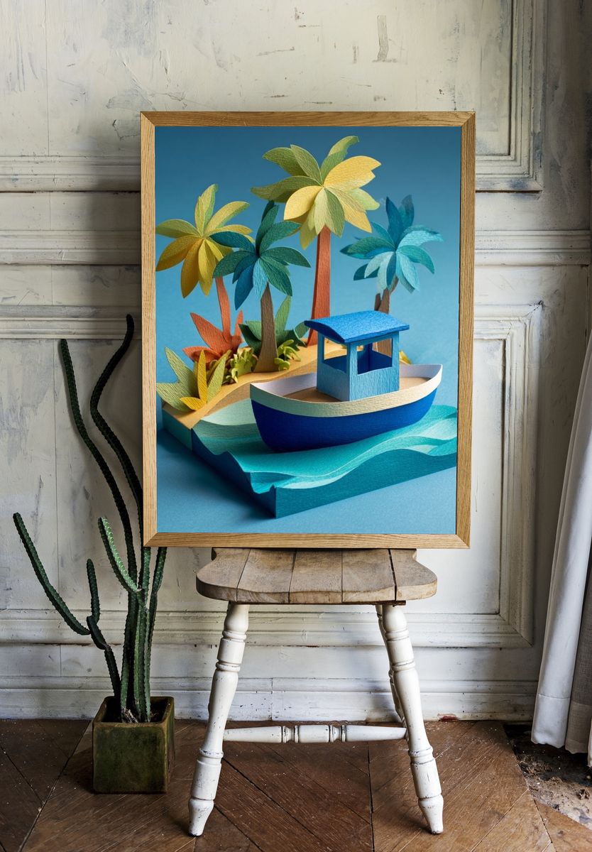 Tropical Island Boat — Illustration Print. room preview