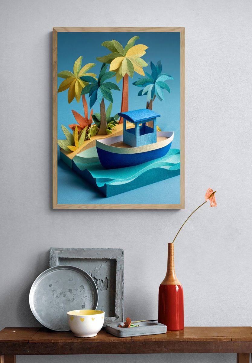 Tropical Island Boat — Illustration Print. — room view 3