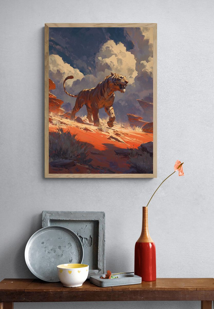 Majestic Tiger in Desert Landscape Poster. — room view 3