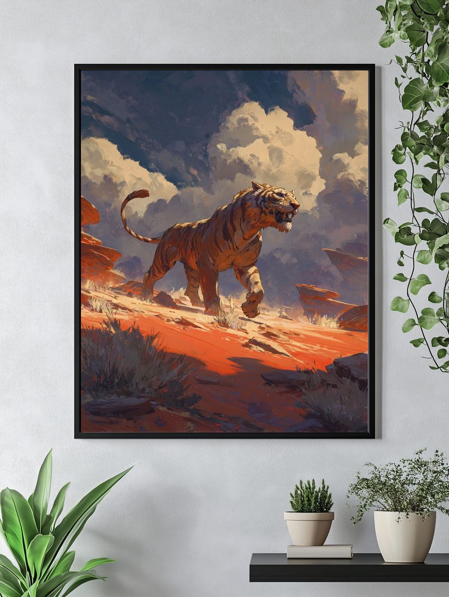 Majestic Tiger in Desert Landscape Poster. — room view 4