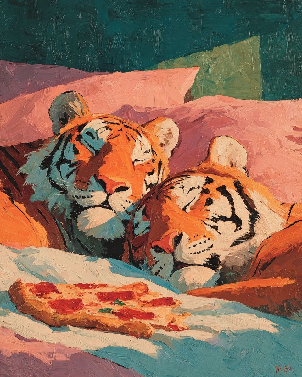 Sleeping Tigers with Pizza — Illustration Print. poster — illustration art