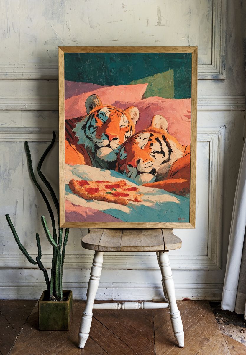 Sleeping Tigers with Pizza — Illustration Print. room preview