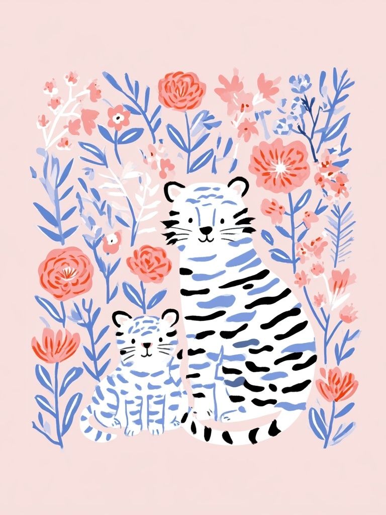Tiger Family Floral Illustration Poster. poster detail