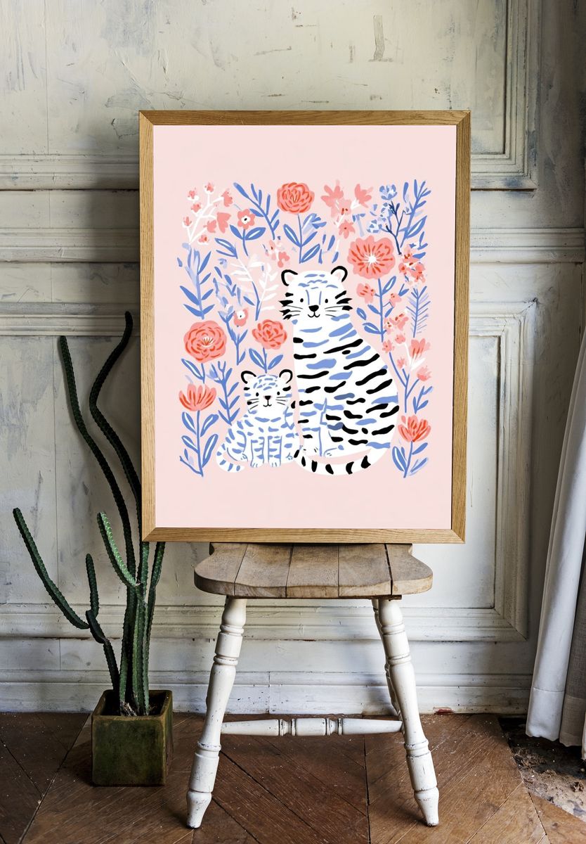 Tiger Family Floral Illustration Poster. room preview