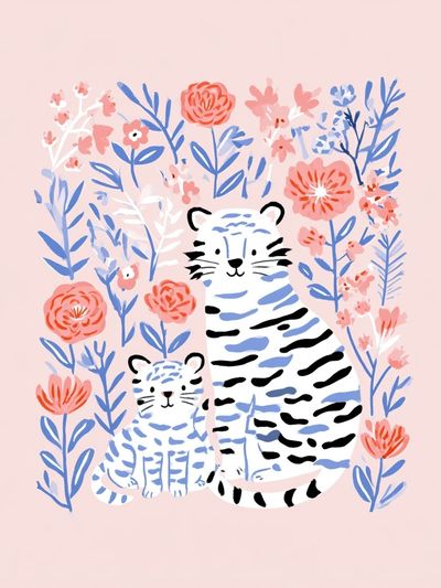 Tiger Family Floral Illustration Poster. poster