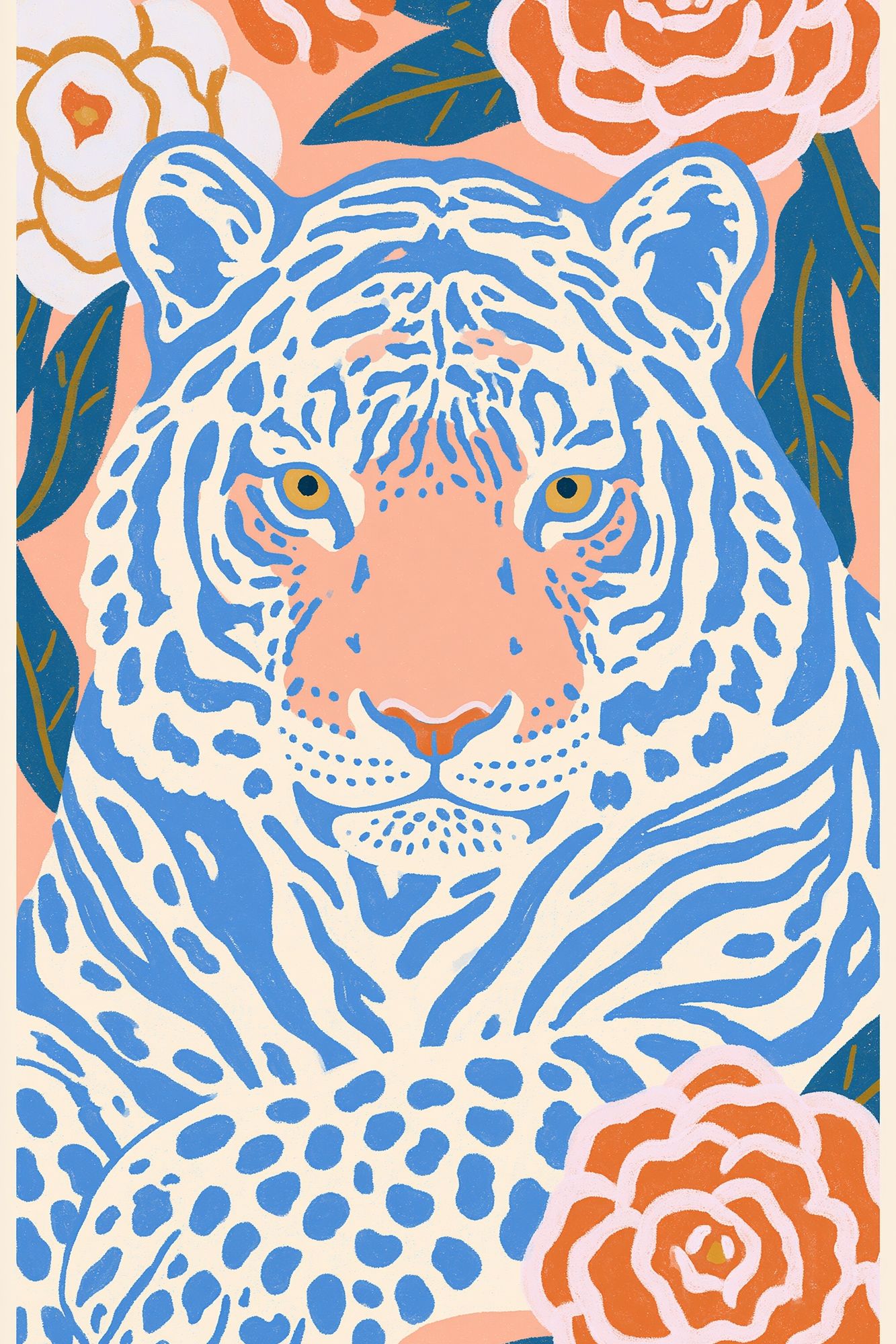 Blue Tiger Floral Illustration Poster. poster — animals art