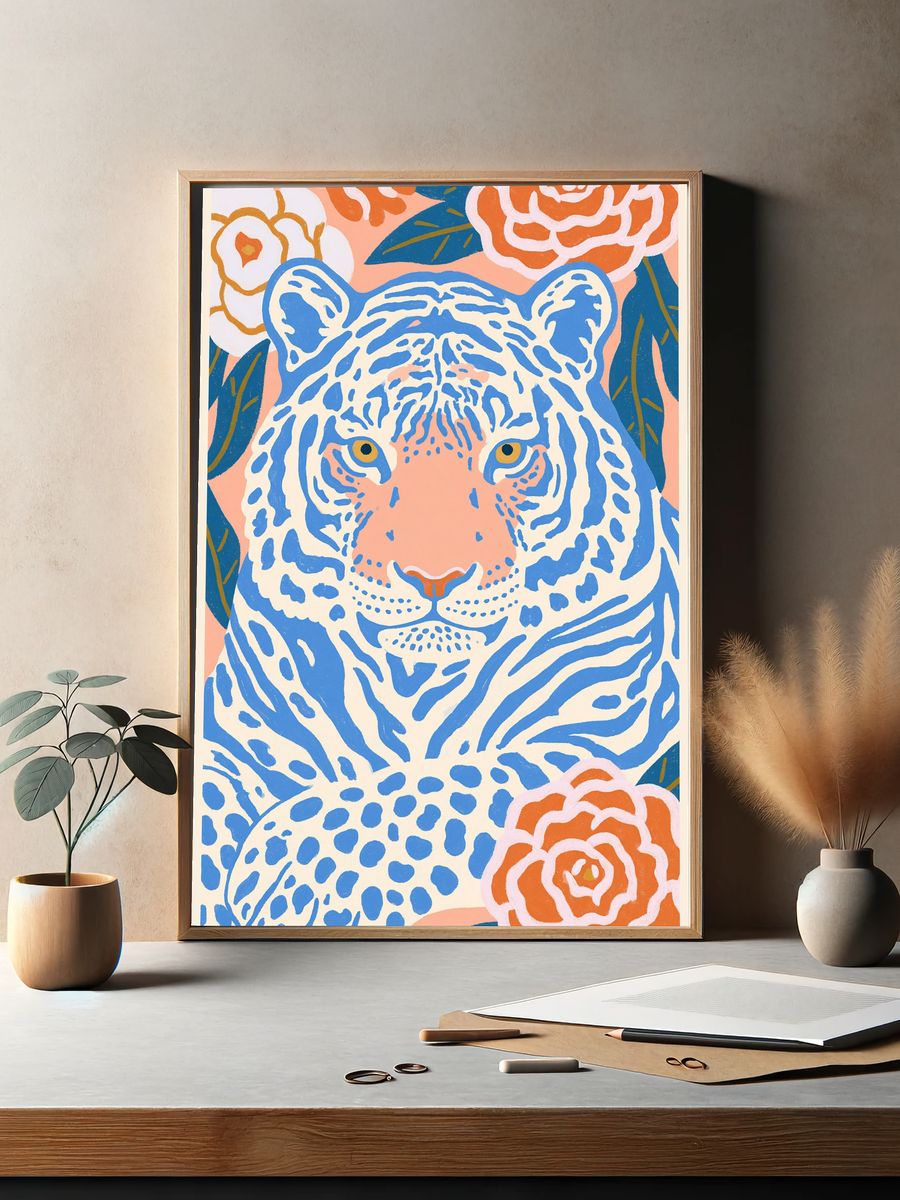 Blue Tiger Floral Illustration Poster. — room view 2