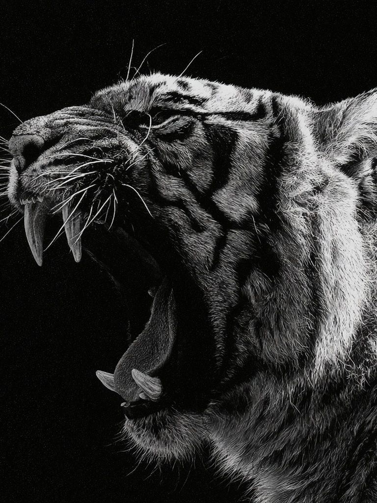 Roaring Tiger Black-White Poster. poster — animals art