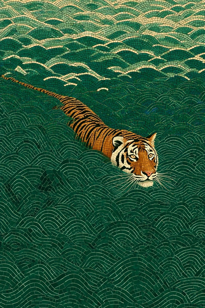 Tiger Swimming in Waves — Illustration Print. poster — illustration art