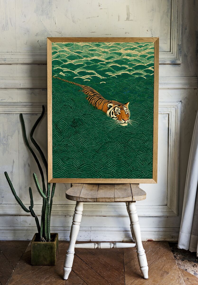 Tiger Swimming in Waves — Illustration Print room preview