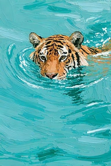Tiger in Turquoise Water Illustration Poster. poster — animals art