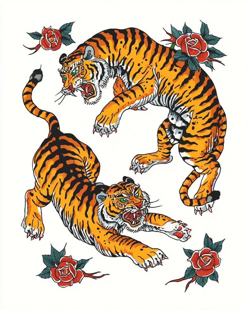 Fierce Tigers Tattoo Art Poster. poster — illustration art