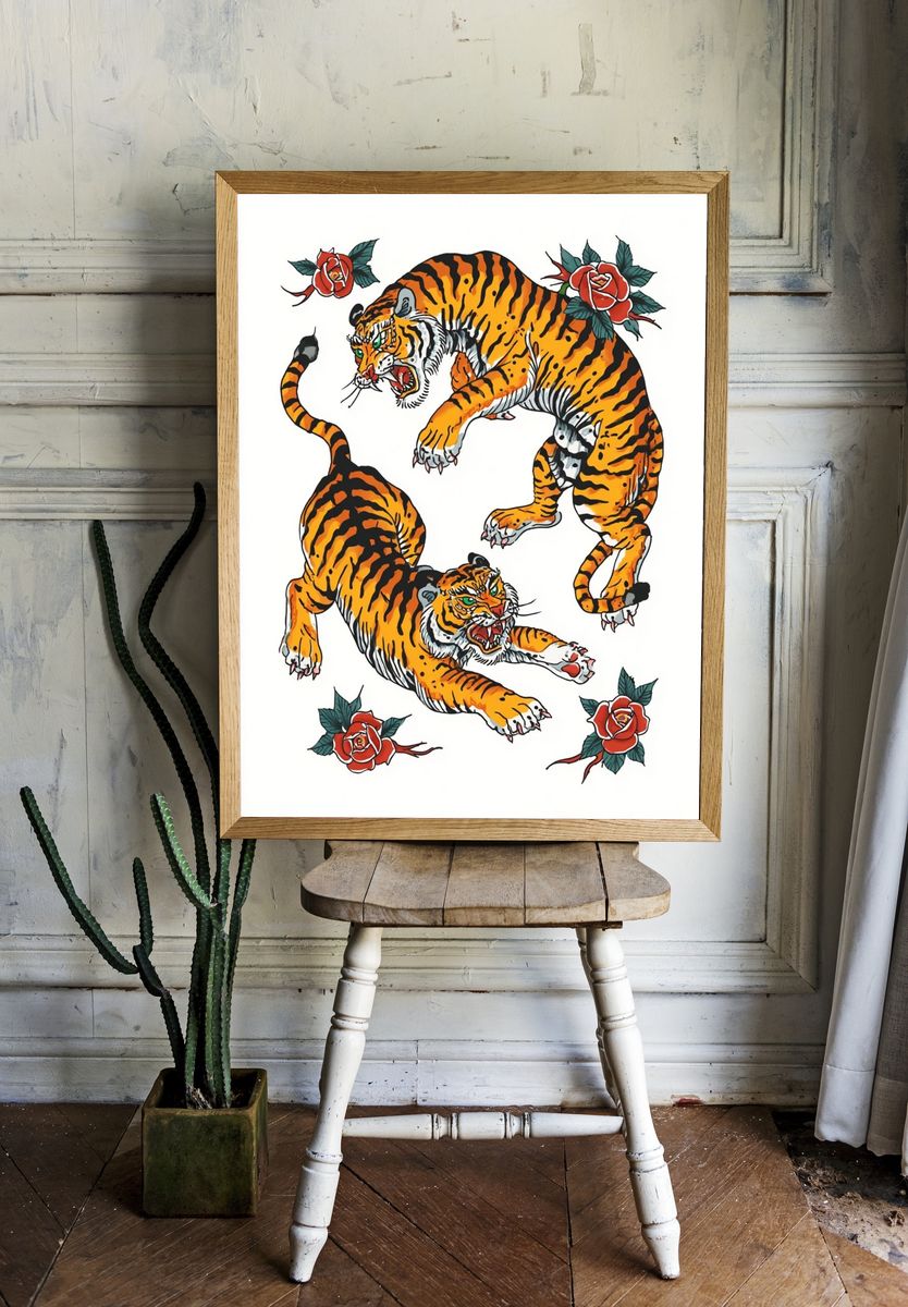 Fierce Tigers Tattoo Art Poster. room preview