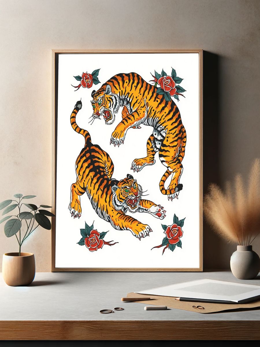 Fierce Tigers Tattoo Art Poster. — room view 2
