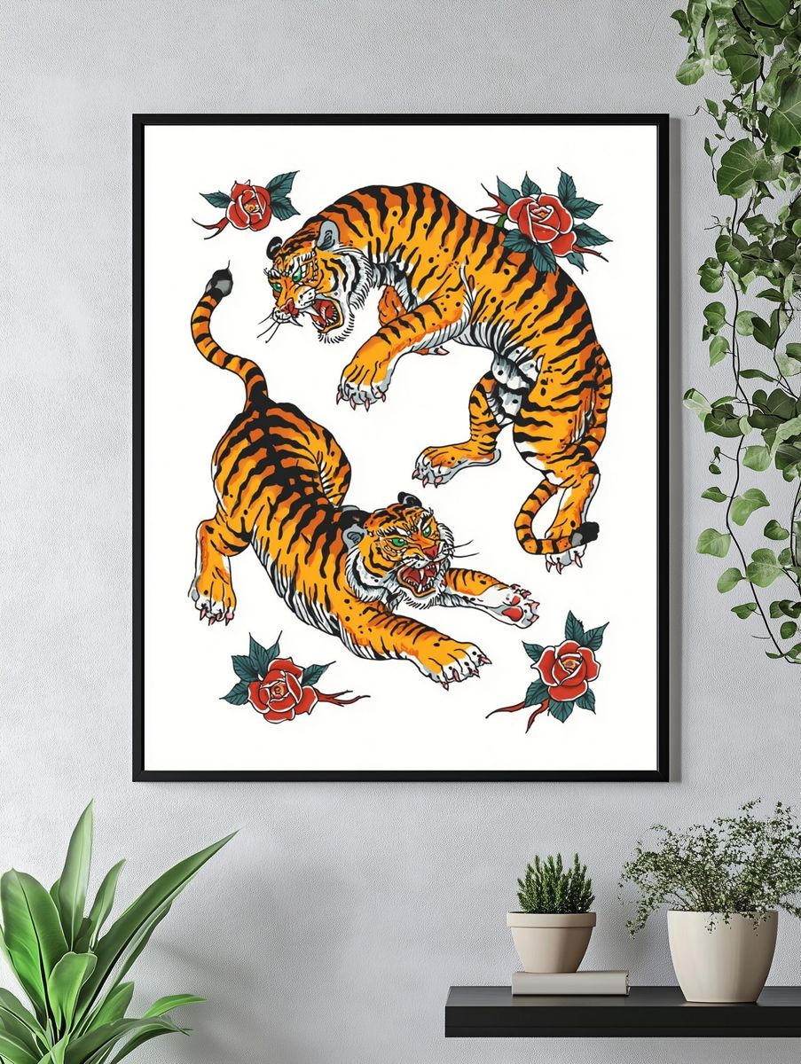 Fierce Tigers Tattoo Art Poster. — room view 4