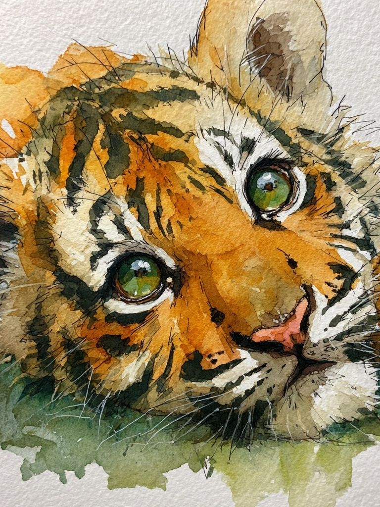 Playful Tiger Cub — Watercolor Print. poster — animals art