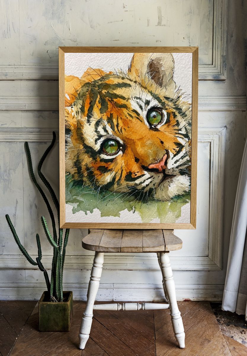 Playful Tiger Cub — Watercolor Print. room preview