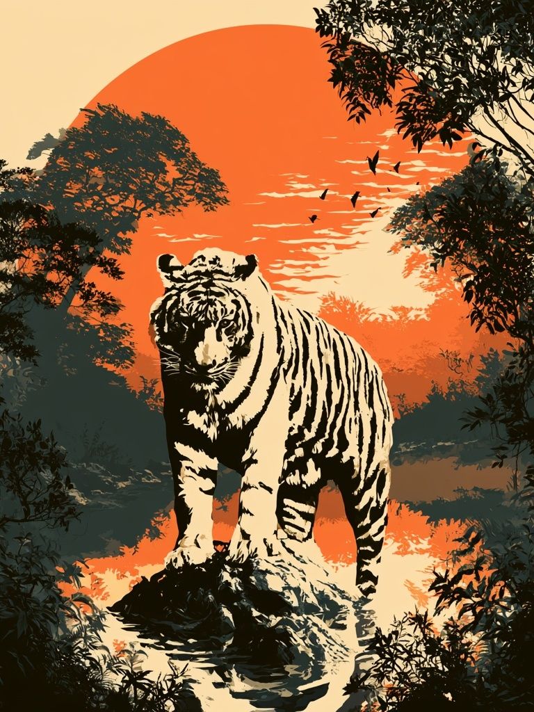 Tiger at Sunset Illustration Poster. poster detail