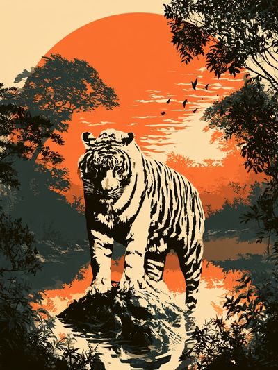 Tiger at Sunset Illustration Poster. poster