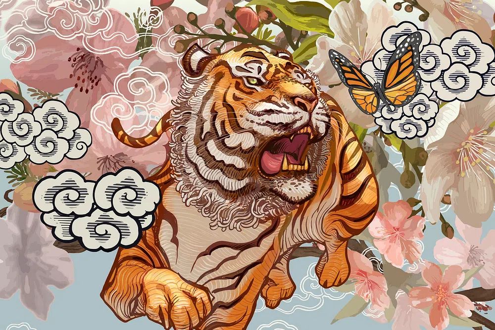 Tiger butterfly amid cherry blossom. poster — animals art