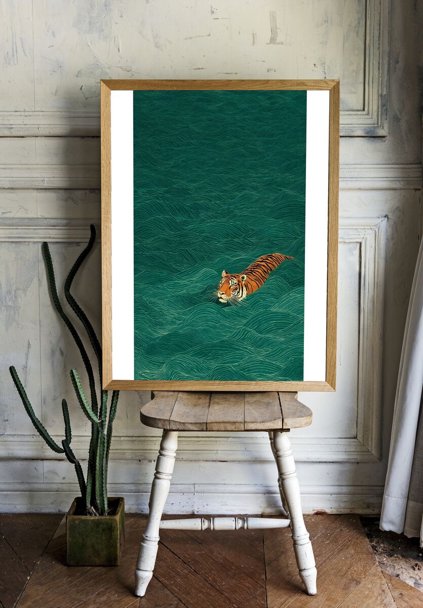 Tiger Swimming — Illustration Print room preview