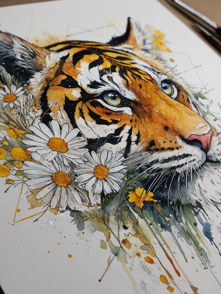 Tiger Watercolor Floral Poster. poster detail