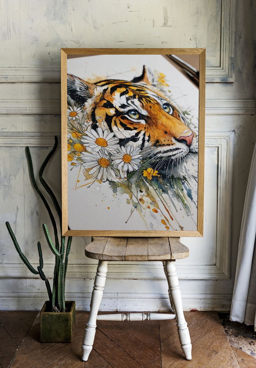 Tiger Watercolor Floral Poster room preview