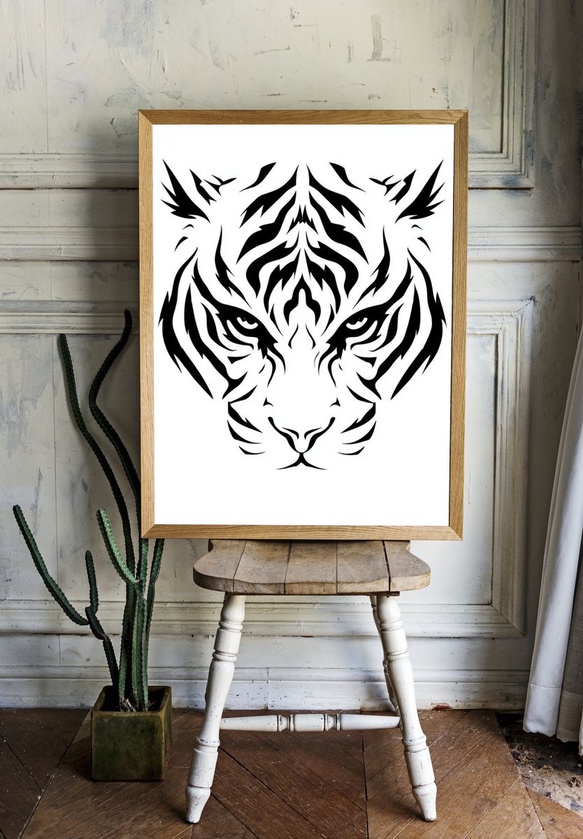 Tiger Face Line Art Poster. — room view 1
