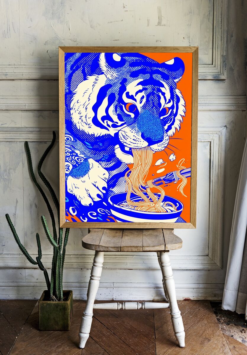 Tiger Eating Noodles — Graphic Print. — room view 1