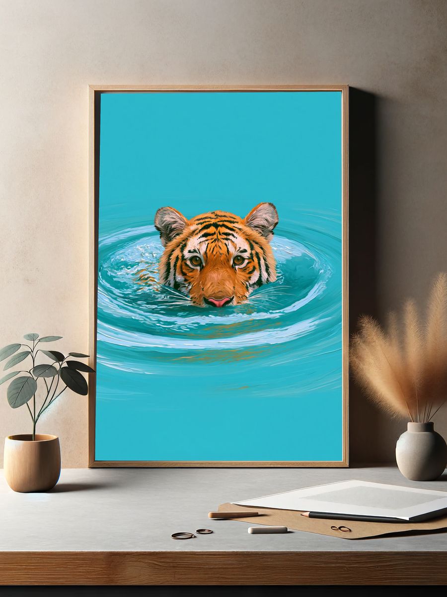 Tiger in Water Illustration Poster. — room view 2