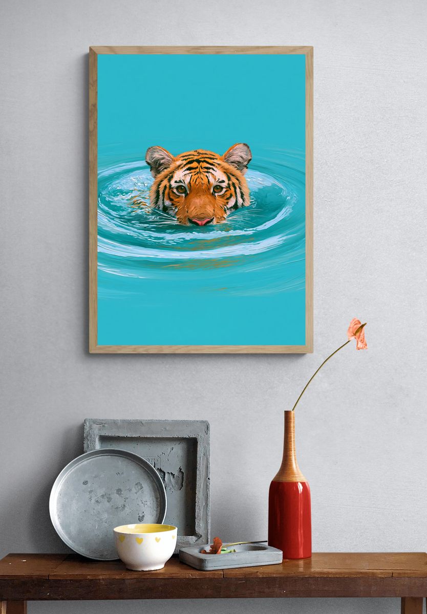 Tiger in Water Illustration Poster. — room view 3