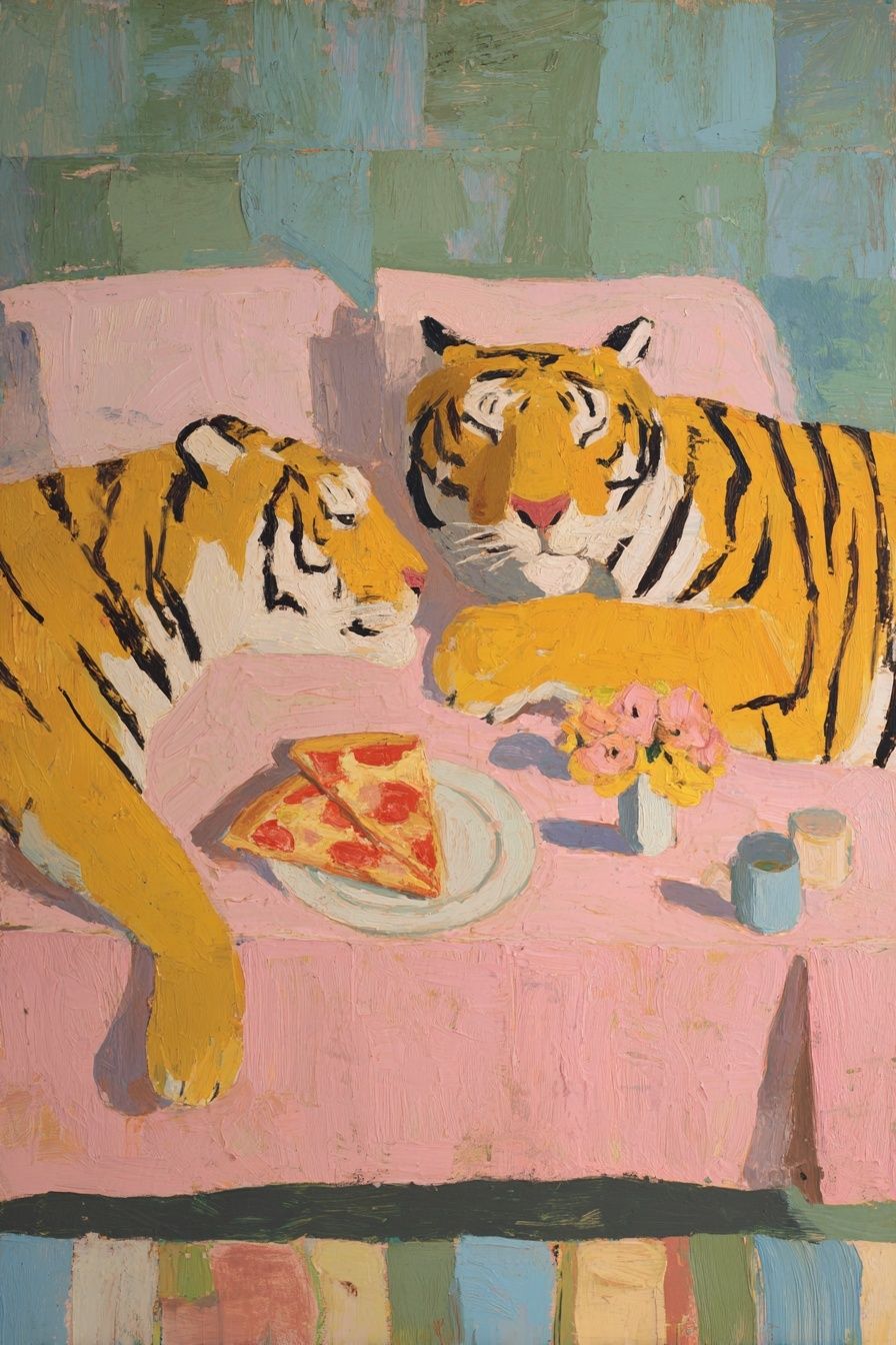 Tigers Enjoying Pizza — Illustration Print. poster — illustration art